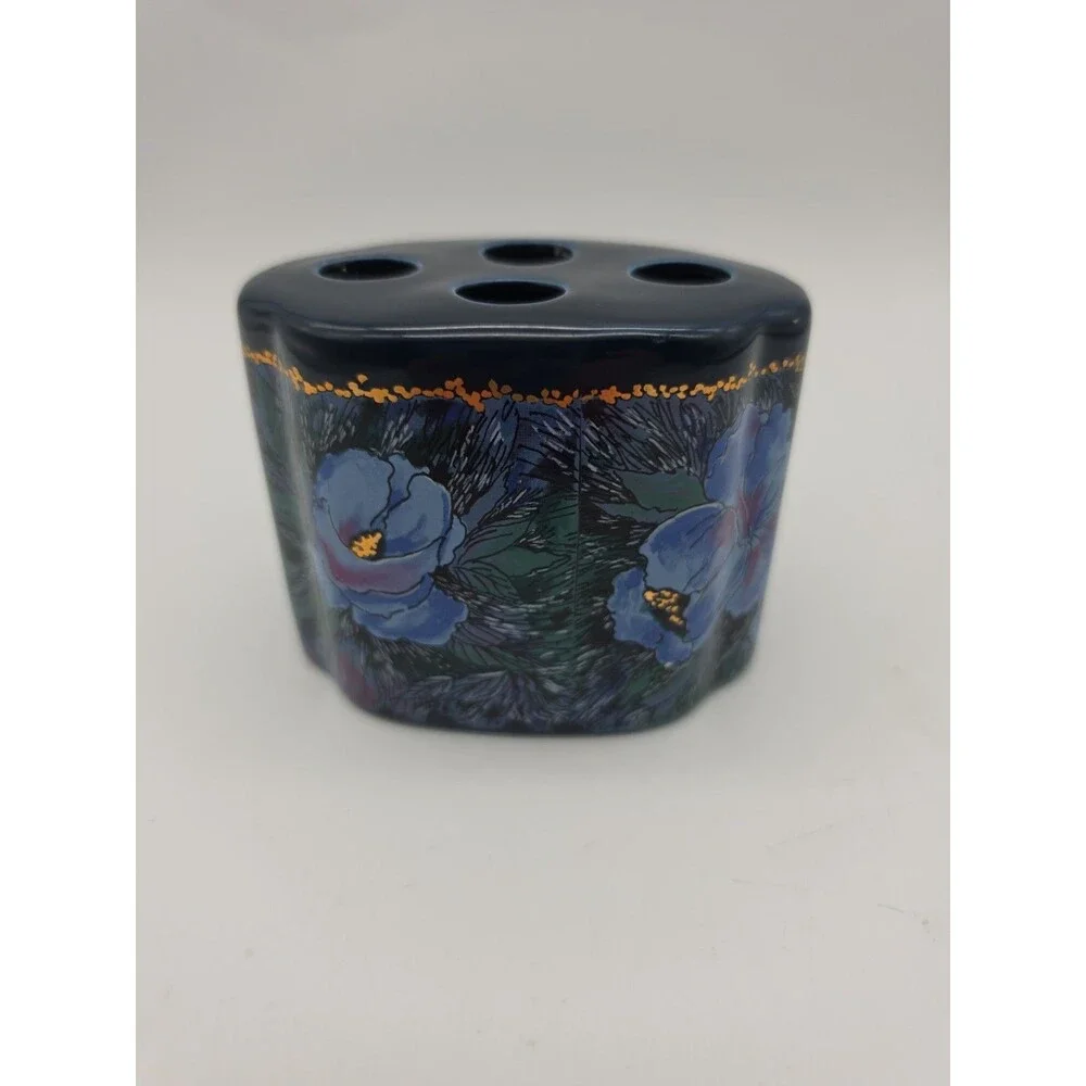 Vintage Toothbrush Holder Fantasia Pattern Made in Japan Floral Navy Blue